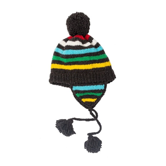 Hand Knit 100% Wool Charcoal Stripe Human Winter Hat - Picture 1 of 1